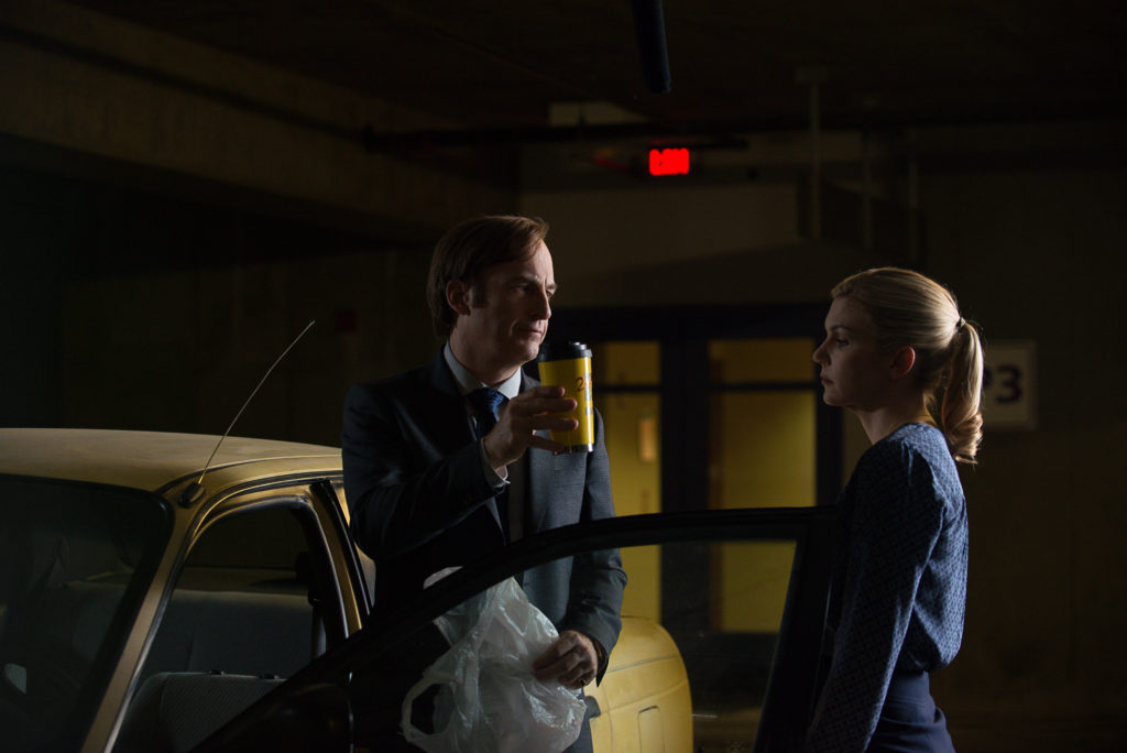 Bob Odenkirk as Jimmy McGill and Rhea Seehorn as Kim Wexler - Better Call Saul _ Season 2, Episode 2 - Photo Credit: Ursula Coyote/Sony Pictures Television/ AMC