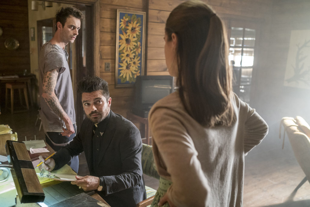 Dominic Cooper as Jesse Custer, Lucy Griffiths as Emily, Joseph Gilgun as Cassidy - Preacher _ Season 1, Episode 6 - Photo Credit: Lewis Jacobs/Sony Pictures Television/AMC